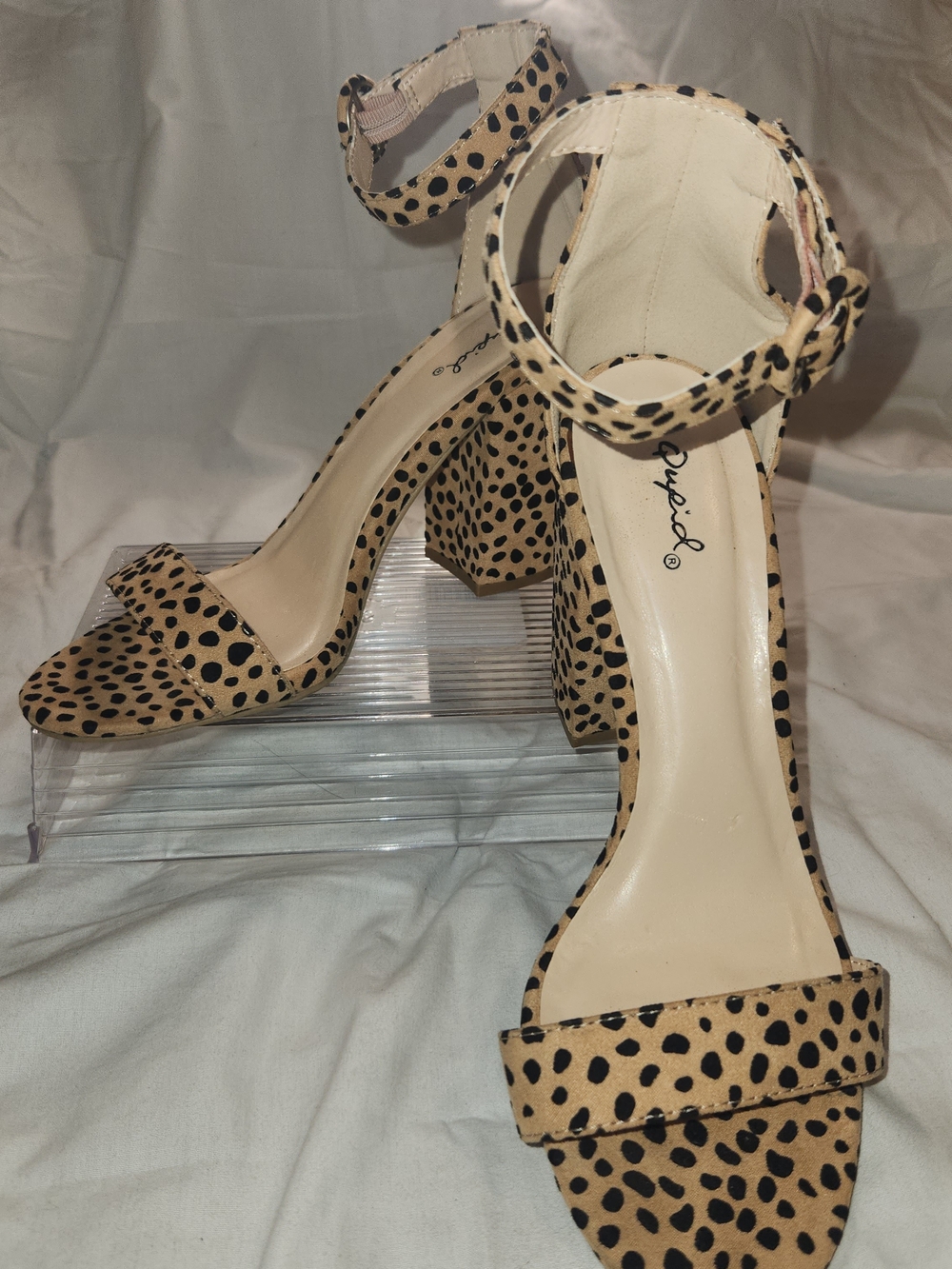 Qupid Leopard-Print Ankle Strap Block Heels - Beige/Black 8.5